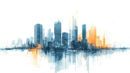 Fototapeta premium Futuristic abstract cityscape with digital technology elements and copy space in white background. 