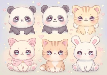 Adorable Kawaii Animal Collection: Pandas, Kittens, and Bunny