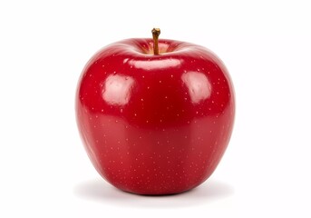 A single, vibrant red apple, meticulously photographed against a stark white backdrop, showcasing its glossy skin and perfect form.