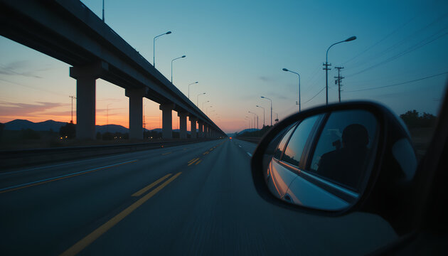 Empty highway at dusk concrete overpass bridge hand holding car side mirror reflection moody atmosphere long straight road