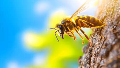 Honeybee taking flight from tree bark