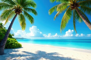 Azure sky, towering palms cast shadows on white sand, stock, sun