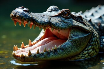 Obraz premium Close-up of alligator's open jaws, showing teeth , heat, water