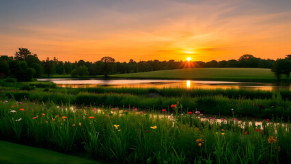 A tranquil sunset over a still lake surrounded by dense forests, with tall, vibrant green grasses framing the water's edge, showcasing a rich palette of warm orange and golden hues in the sky