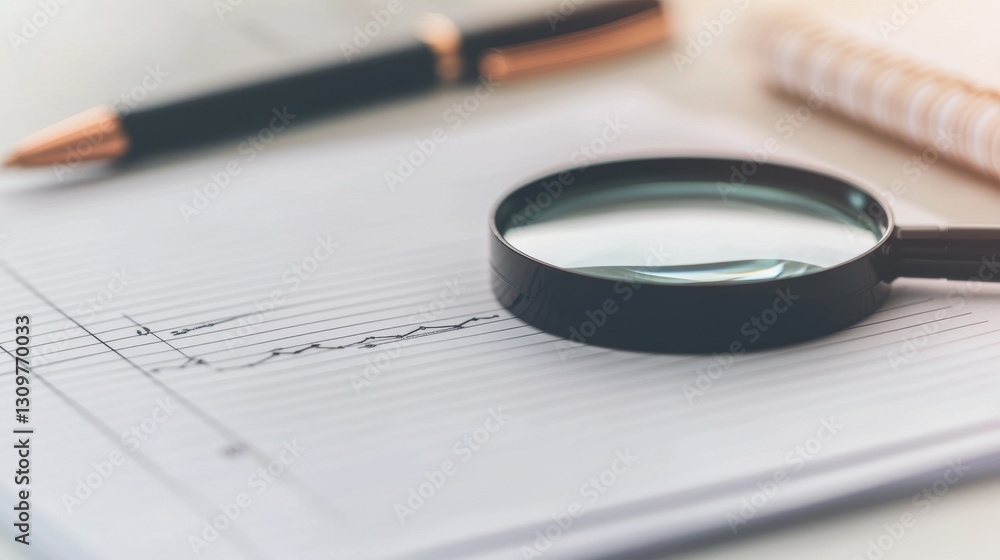 Poster magnifying glass over notebook with pen and notepad on table
