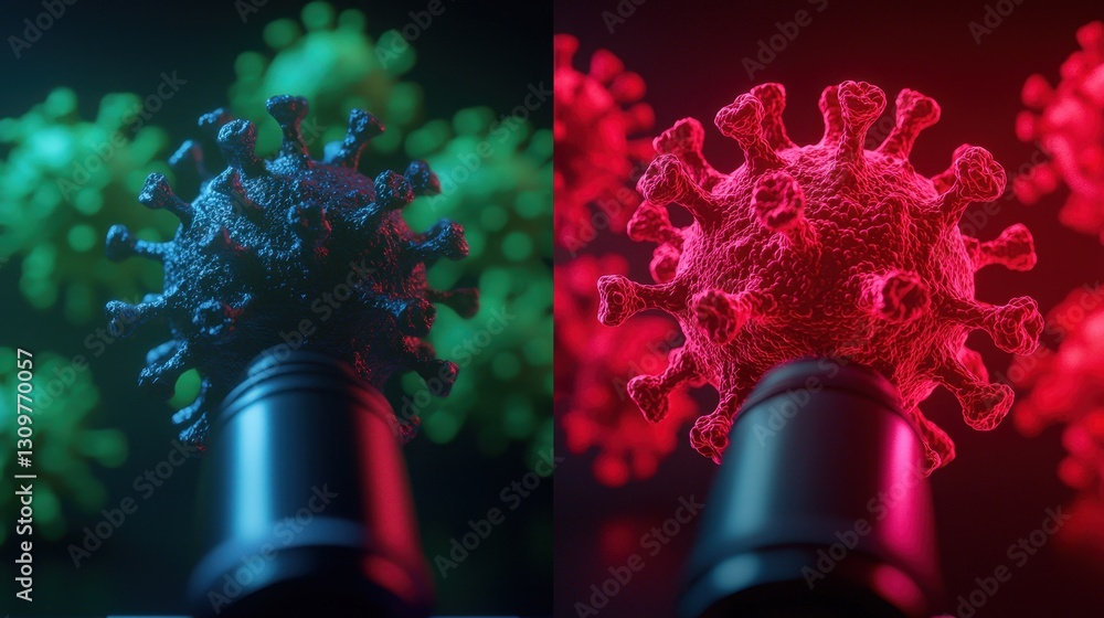 Poster close-up of colorful microscopic virus visualizations in dark background