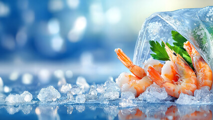 Frozen seafood: shrimp on ice with herbs in clear bag