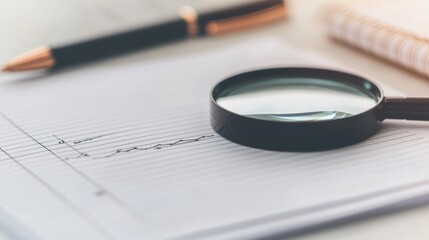 Fototapeta premium Magnifying Glass Over Notebook with Pen and Notepad on Table