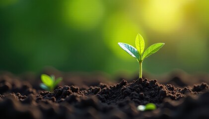 Naklejka premium Seedling sprouting from rich soil, potential growth, prosperity, flourish, emerge