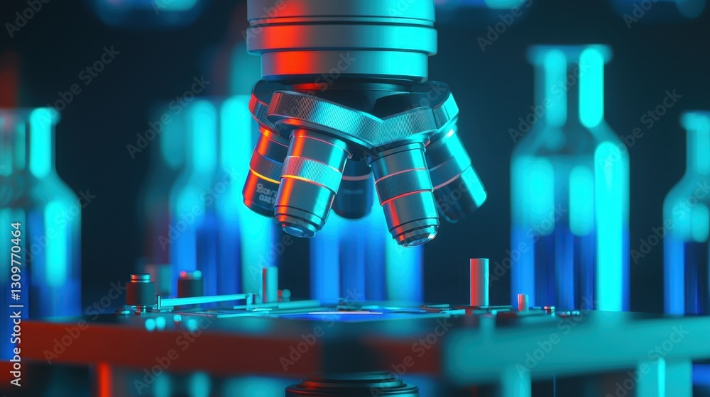 Poster close-up of microscope with colorful laboratory background