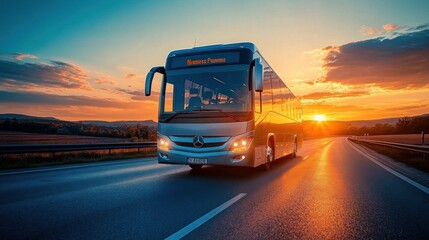 Scenic bus trip at sunset on a highway
