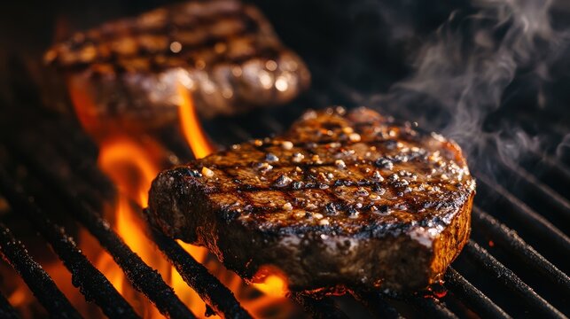 A perfectly cooked, medium-rare steak sizzles over a fiery grill, boasting a tantalizingly browned surface with a crisp, slightly charred crust. Blackened grates cradle it in heat
