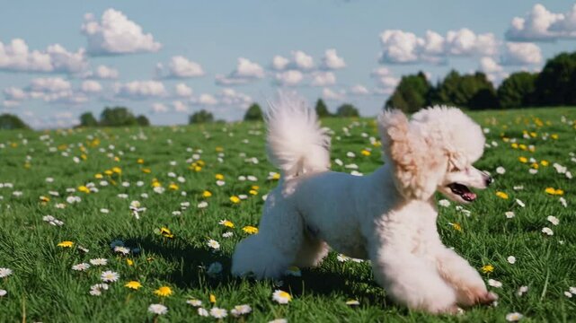 Poodle Standing on a Grassy Field &ndash; Elegant and Playful Dog with Curly Fur, Bright Eyes, and a Cheerful Pose in a Natural Outdoor Setting