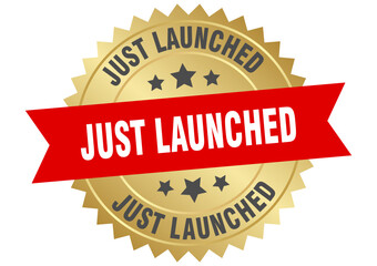 just launched. just launched round red and gold label isolated on transparent background