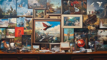 Obraz premium Paintings and artwork displayed on a wooden surface.