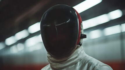 Focused Fencer: A close-up portrait of a fencer in full protective gear, with the mask dominating the frame and conveying an air of focus and readiness in the indoor arena.