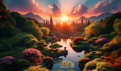 A breathtaking panoramic vista of a meticulously landscaped Japanese garden at sunrise, featuring vibrant autumnal colors, a serene pond reflecting the fiery sunset sky
