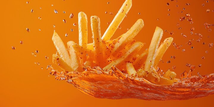 Floating French fries with chili lime seasoning splashes on a bold tangerine background