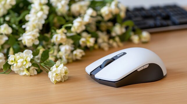 White wireless computer mouse on wooden desk with white flowers and keyboard in background. - Powered by Adobe