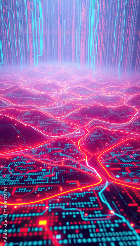 Poster futuristic cyber landscape glows with digital energy data streams and network connectivity