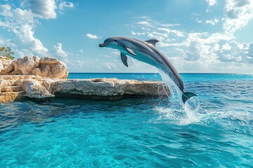 Obraz premium Bottlenose Dolphin Leaping Out of Bright Blue Water Near Rocky Shore, Sunny Tropical Day