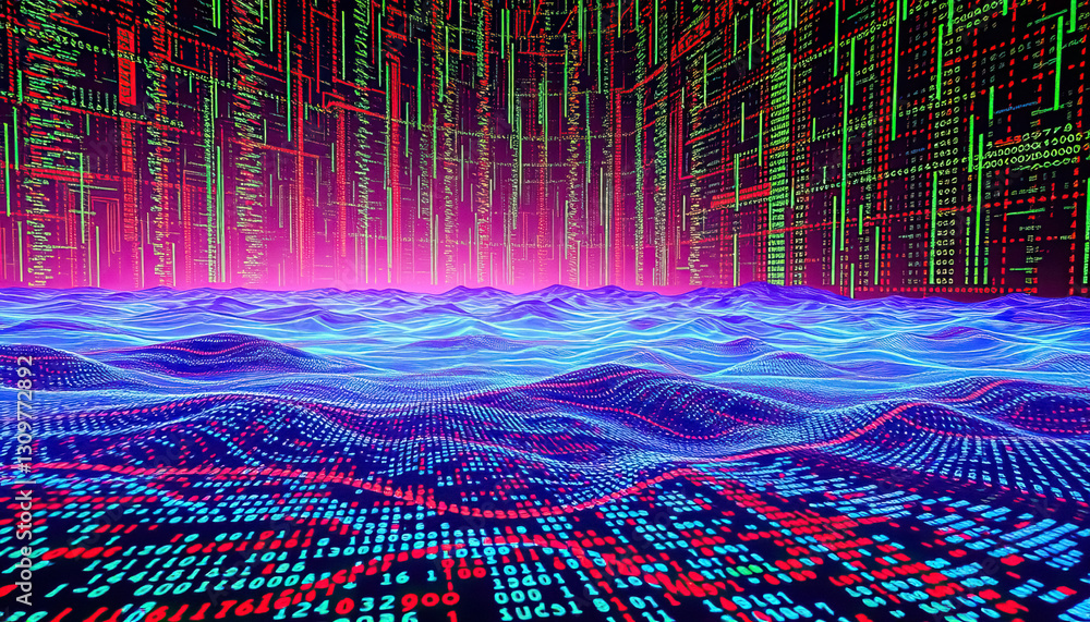 Leinwandbilder abstract digital landscape with data streams cascading over undulating blue waves of information