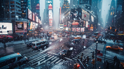 Snowflakes drift over a vibrant city intersection as yellow taxis navigate the bustling winter streets.