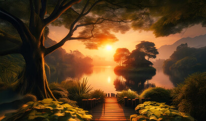 A serene sunrise over a calm lake nestled within a lush, tropical forest; vibrant, warm colors reflecting the golden hour light on the water, trees, and foliage