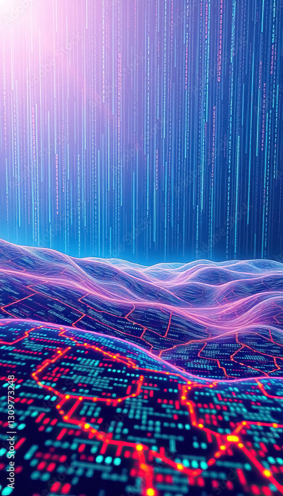 Fototapete Abstract landscape of flowing binary code and connected digital grid with glowing elements
