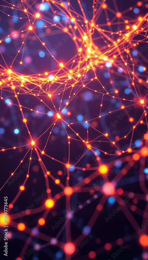 Poster Interconnected network of glowing nodes and lines suggests complex system advanced technology