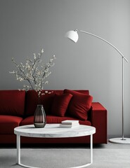 Modern living room with red velvet sofa, marble coffee table, and minimalist decor.