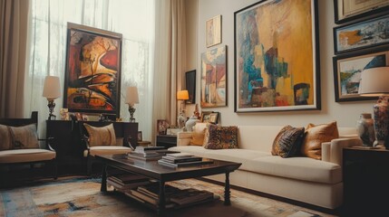 Elegant living room decorated with colorful art.