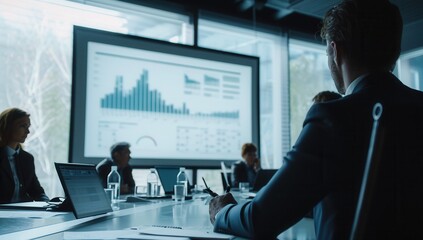 Business team analyzing financial data and charts on presentation screen in conference room