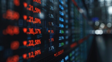 Fototapeta premium Financial data displayed with percentage changes on a screen at night