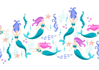 Seamless pattern with mermaids. Image of underwater wonders or fabulous creations.