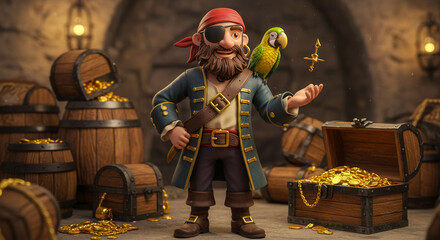 Fototapeta premium A pirate is holding a parrot and standing in front of a pile of gold. The scene is set in a room with wooden crates and barrels, giving it a rustic and adventurous feel