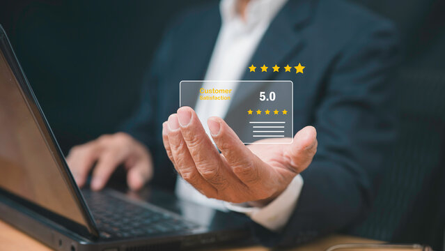 Businessman give rating 5 stars satisfy customer satisfaction survey concept service experience ranking online application customer evaluation service quality satisfaction checking