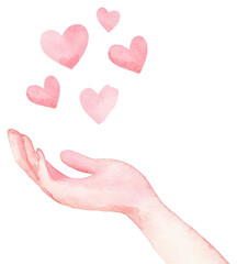 Obraz premium PNG A cute outstretched hand with pink hearts floating out watercolor symbol illustration.