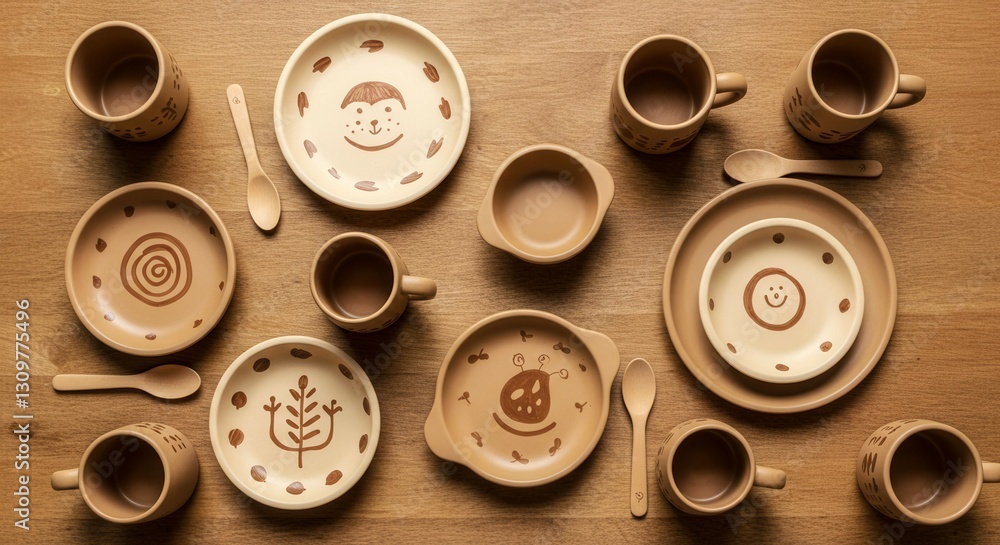 Poster a table with a variety of brown plates, cups, and spoons. the plates have different designs, includi