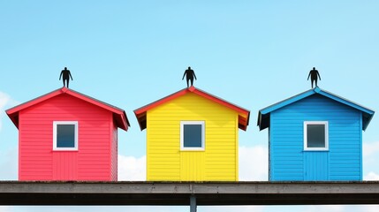 Colorful Beach Houses with Silhouetted Figures Under Bright Sky