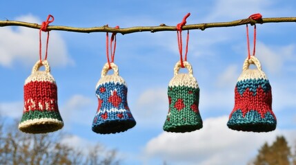 Knitted Christmas Bells Hanging from Branch