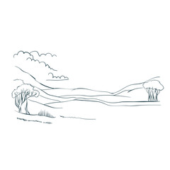 landscape clouds hills simple vector art line 