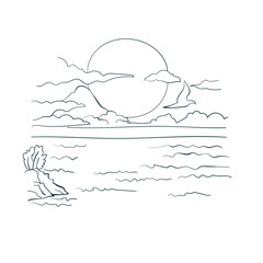 sea ocean sunrise mountains clouds landscape simple vector art line