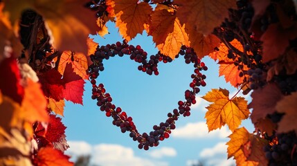 Heart-Shaped Frame of Autumn Leaves on Blue Background