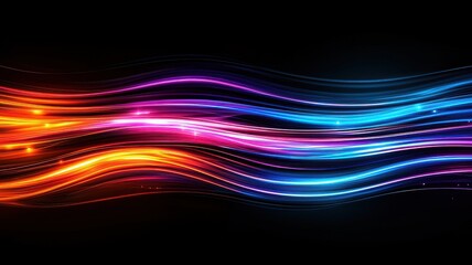 A vibrant abstract design featuring flowing waves of colorful light against a dark background, evoking energy and movement.