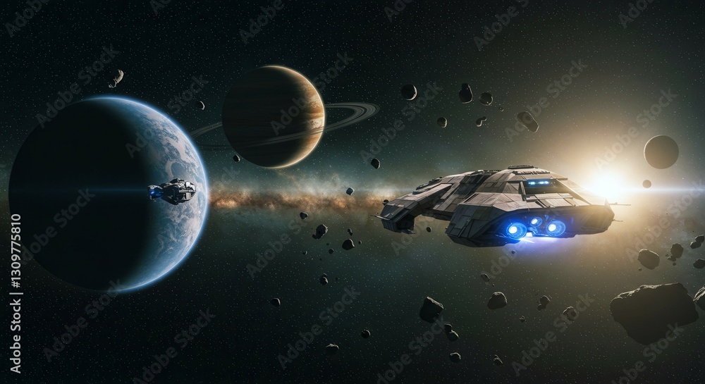 Poster a spaceship is flying through space with a planet in the background. the planet is surrounded by a l