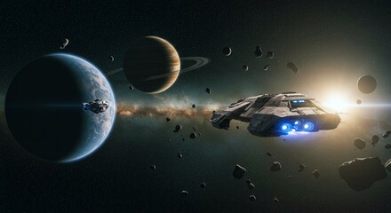 A spaceship is flying through space with a planet in the background. The planet is surrounded by a lot of debris, which is scattered all over the area