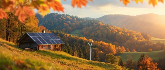 Obraz premium Sustainable living eco-friendly cabin among colorful autumn landscape