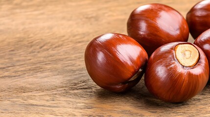 Brown nuts group on wooden surface for food ingredient or decorative element