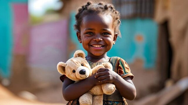 happy little african girl with soft toy teddy bear outdoors in village